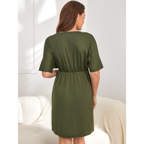 Maternity Surplice v Neck short sleeve mini Dress green - Picture 7 of 8